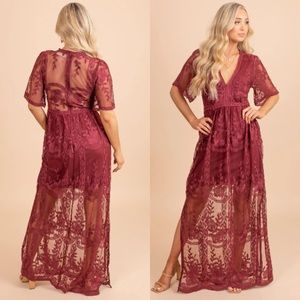 Eletér Burgundy Lace Maxi Dress‎ 2XL | Sheer Floral Mesh Overlay | Boho Formal